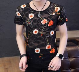 Mens Clothing Hollow Out Lace Rose Embroidery Design Fashion T shirts Crew Neck Breathable Male Tops Size M3XL2805389