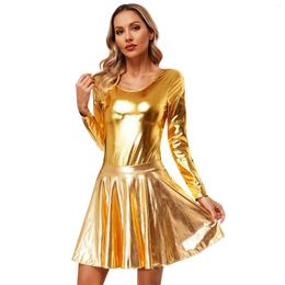 Skirts Womens Shiny Metallic Clubwear Long Sleeve Round Neck Leotard With High Waist Flare Skirt For Music Festival Dancing Performance