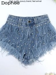 Shorts Rhinestone Beaded Exquisite Feather High Waist Denim for Women's Blue Jeans Shorts DS Nightclub Sexy Hot Pants Fashion