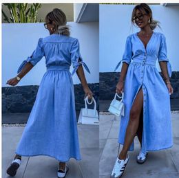 2024 New Design Denim Dress Women Fashion sexy Single-breasted Solid Elegant Deep V-neck Half Sleeves Long Dress Casual Hight Waist Solid Party Dress