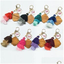 Party Favor Personalized Wooden Keychain Three-Layer Cotton Tassel And Four-Leaf Clover Wood Chip Pendant Key Ring Mticolor Drop Del Dhac2