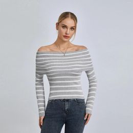 Women's T Shirts Women T-shirt Long Sleeve Off-shoulder Ribbed Crop Tops Slim Fit Striped Ladies Spring Fall Streetwear