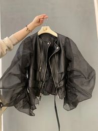 Women Jacket Ruffled Mesh Puff Sleeves Fashion Leather Korean Zipper Stand Neck Short Coat Female Clothes 240226