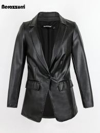 Jackets Nerazzurri Spring Autumn Black Fitted Soft Leather Blazer Women Single Button Pu Leather Jackets for Women 2023 Fashion Style