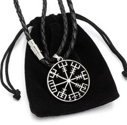 Whole 100 Fashion MEN039S Viking Vegvisir Compass Pendant Norse Nordic Pirate Pendant Necklace Viking Genuine Leather J6485688