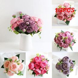 Decorative Flowers 1/3PCS 30cm Rose Silk Peony Artificial Bouquet 5 Big Head And 4 Bud Fake For Home Wedding Decoration