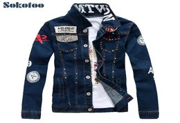 Sokotoo Men039s slim English flag patch design rivet jean jacket Casual dark blue washed denim coat Outerwear SH1909062264043