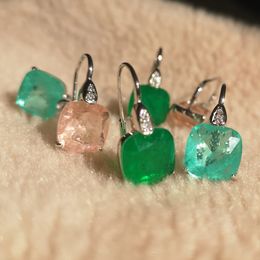 KQDANCE 925 Silver Cushion cut 12*12 Lab Tourmaline Pariba Morganite Emerald Hanging Earrings with large green stone jewelry 240220