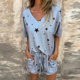 Women's Tracksuits Sexy V-neck Short Sleeve Tops & Outfits Women Fashion Star Print Loose Two Piece Suit Elegant Elastic Waist Houngewear