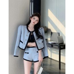 Elegant Tweed Jackets for Women Suits Autumn Winter Korean Fashion Y2k Long Sleeve Buttons Coats Blue Skirt Suit Sets 240220