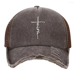 Ball Caps Faith Printed Mesh Trucker Hat Fashion Washed Distressed Baseball Cap Vintage 5 Panel Snapback Hats Breathable Curved Brim