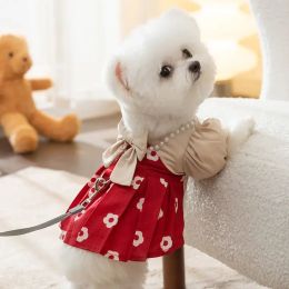 Dresses Christmas Dog Clothes Dog Princess Dress Skirt Japanese Dress Winter Dog Clothes Flower Pattern Pullover Small Dog Warm Clothes