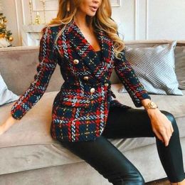 Blazers Red Plaid Blazer 2021 Women SpringAutumn Vintage Tweed Suits Jackets Office Ladies Chic Slim Blazers Girls Tassel Tops Set Coat