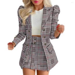 Two Piece Dress Women Coat Skirt Set Flower Check Print High Waist Ol Style Formal Commute Suit For Lady Jacket Printed Long