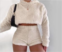 2PCSSets Sexy Fluffy Suits Velvet Plush Hooded Sleepwear ShortsCrop Top Women Tracksuit Casual Sports Set Overalls Sweatshirts T22764584