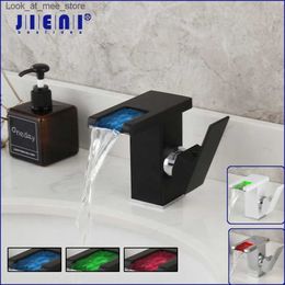 Bathroom Sink Faucets JIENI LED waterfall bathtub faucet sink mixer faucet white and black deck mounted solid brass sink faucet Q240301