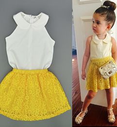 Baby Girl Summer Clothes Sets Fashion Sleeveless White Chiffon ShirtsYellow Lace Skirts 2pcs Outfits Kids Boutique Clothing Set4782088