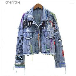 Women's Jackets Jackets 2023 Denim Spring Autumn Graffiti Rivet Jean Female Holes Girl Outerwear Coat 240301