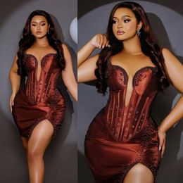 Aso Ebi Plus Size Cocktail Dresses Short Prom Dresses Brown Illusion Mini Dress Graducation Dresses Beaded Split Formal Gown for African Black Birthday Girls C039