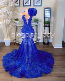 Royal Blue Long Mermaid Evening Formal Dresses fow Women 2024 Sparkly Diamond Crystal Gillter Prom Gala Gown Sheer Mesh