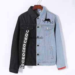 Women's Jackets lyfzous Left black right blue denim letter Ribbon Contrast Colour jean slim coat denim jackets 240301