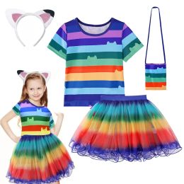 Costumes Children Gabby Dollhouse Cartoon Rainbow TShirt+Skirt+Bag Sets Kids Halloween Gabby Cats Costume Birthday Party Clothes 410 Yr