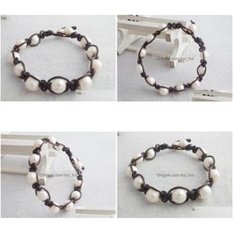 Charm Bracelets Fashion Jewellery 15Piece Dark Brown 9-10Mm Freshwater Pearl Beads Leather Cord Knoted Braceletcharm Drop Delivery Dhfes