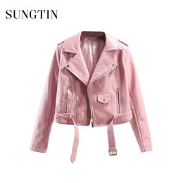 Jackets Sungtin Brand PU Leather Jacket Women 5 Colour Y2K New Fashion Short Faux Leather Biker Jacket with Belt Cool Outwear Lady