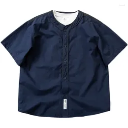 Men's Casual Shirts Japanese Cityboy Style Loose Fit Collarless Short Sleeved Navy Shirt Summer Youth Colour Matching Coat Men