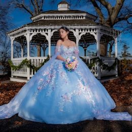 Sky Blue Shiny Ball Gown Quinceanera Dresses 3D Flowers Applique Lace Tull Vestidos De 15 Anos Corset Dress For 16Th Birthday