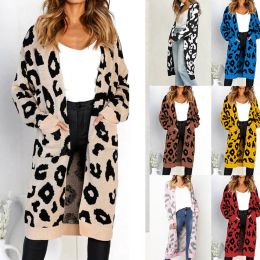 Cardigans Women Vintage Leopard Print Long Cardigan Elegant Harajuku Knitting Sweater Jackets Autumn Winter Oversized Coat Knittwear 2023