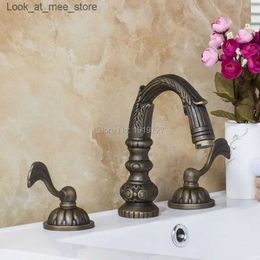 Bathroom Sink Faucets 100% all copper lead-free antique 3-piece sink faucet with unique design double arm bathroom sink fixing piece with brass double handle Q240301