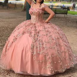 Princess Quinceanera 2024 Girls Dresses Golld Applique Flower Tull Lace Up Ball Gown Bithday Party Prom Wear Vestido De 16