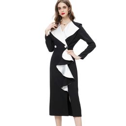 Women's Runway Dresses Turn Down Collar Long Sleeves Ruffles Color Block Split Fashion Pencil Vestidos