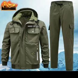 Men's Tracksuits Plush Fleece Warm Waterproof Sets Thick Hooded Autumn Winter Suit Solid Elastic Workwear Windproof Clothing Sweatpants