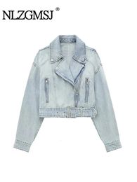 Nlzgmsj TRAF Womens Fashion Denim Biker Jacket Women Vintage Lapel Long Sleeve Zipper Belt Female Chic Coat 240226