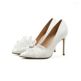 Dress Shoes 33-41 Silk White Wedding Women Thin Heel Shallow Rhinestone Bow Pointed High Heels Pumps Stiletto