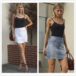 Skirt 2022 Summer New High Stretch Ripped Denim Short Skirts For Women Fashion Sexy Mini Jeans Skirts Casual Clothing Blue/White S2XL