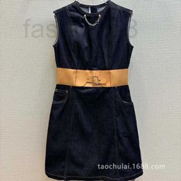 Basic & Casual Dresses Designer Leather waistband design denim vest skirt for reducing age and luxury casual sleeveless A-line dress 79GI