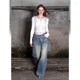 Women's Jeans Streetwear Vintage Asymmetrical Waist Baggy Japanese Y2k Wide Leg American Retro Silvering Mopping Denim Pants Loose