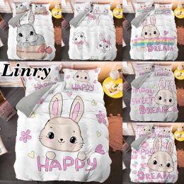 Set Cartoon Rabbit Bedding Sets Cute Happy Dream Lettered 220x240 King Size Duvet Cover Pillowcase Home Decor Textile for Girls Sheer Curtains