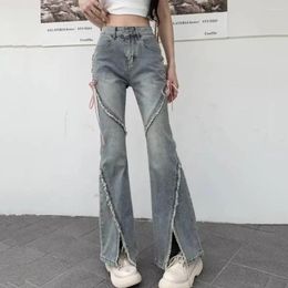 Women's Jeans Bootcut With Side Ties High Waist Flared Hem Ripped Strap Decor Patchwork Detail Streetwear Long