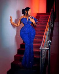 Africano Azul Royal Frisado Renda Sereia Vestido de Noite Com Trem Destacável Brilhante Aso Ebi Longos Vestidos de Baile Mangas Completas Vestidos 326 322