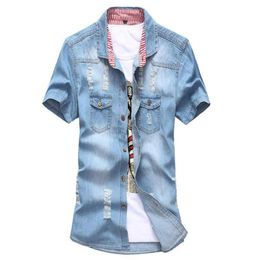 WholeNew Men Denim Blue Blouse Shirt US UK Flag Short Sleeve Patchwork Camisa Vintage Jean Blouse shirts Brand Shirts 4 Color5586156