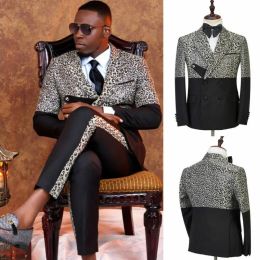 Suits Leopard Print Splicing Men Suit TailorMade 2 Pieces Blazer Pants Double Breasted Slim Fit Formal Business Causal Party Tailored