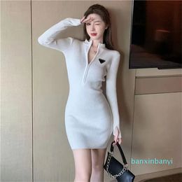 Designer Dress Style Pencil Skirt Personality Fashion Long-sleeved Dress Buttons High Stree Letter Zipper Casual Slim Dress Clothing