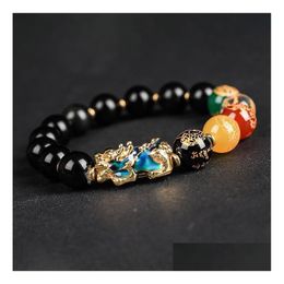 Beaded Natural Obsidian Hand Strands Bracelets Five Elements Beads Mythical Wild Animal Mood Bracelet Drop Delivery Jewellery Dhxga