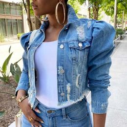 Women's Jackets Women Denim Jackets High Street Cropped Short Jean Coat Casual Puff Sleeve Jeans 240301