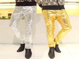 Gold silver motorcycle faux leather pants mens feet pants fashion pu trousers men Reflective Glossy personality pantalon homme7459585