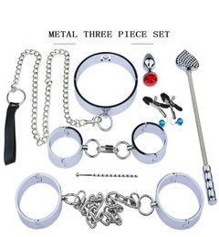 Heavy Stainless Steel Bondage Set With Handcuffs Neck Collar Whip Spank For Bdsm Restraint Slave Role Play Adults GamesSex Toys Y9359940